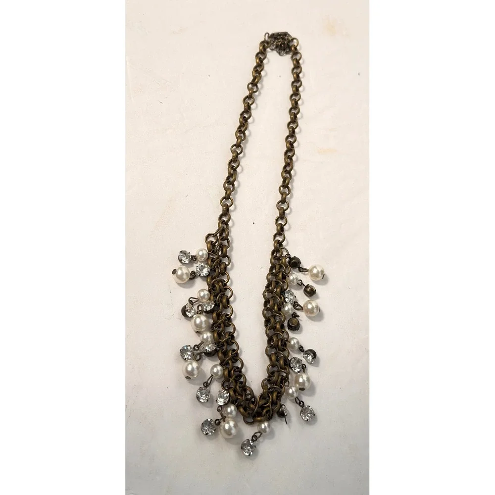 Brass Tone Faux Pearl Rhinestone Multi Strand Bib Necklace